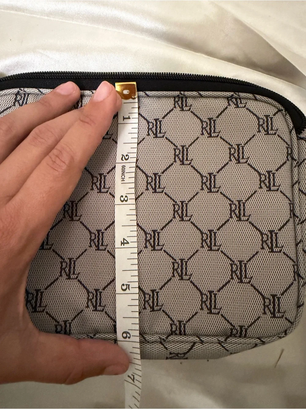 Lauren Ralph Lauren RL Monogram Cosmetic Makeup Bag Travel Pouch Gray Black